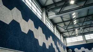 Interior of a gym or industrial building with large windows, exposed metal beams, and a wall decorated with blue and light gray hexagonal patterns. Bright lights hang from the ceiling.