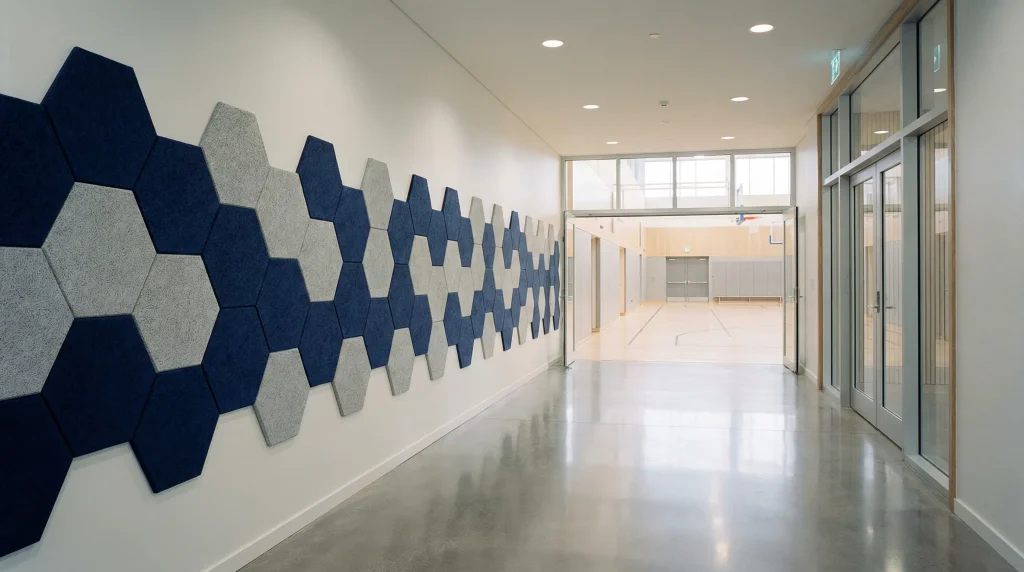 A modern hallway with shiny floors, featuring blue and gray hexagonal wall panels on the left and glass doors on the right, leading to a brightly lit gymnasium in the background.