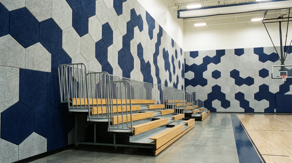 Bleachers with wooden seats and metal frames sit on a gymnasium floor, next to walls covered in large blue and gray hexagonal acoustic panels. A basketball hoop is visible in the background.