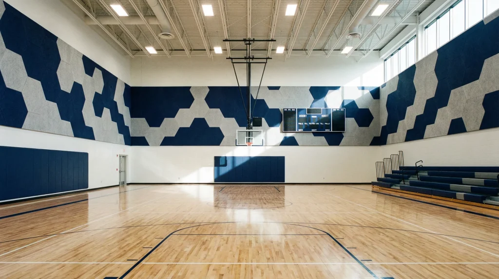 An empty indoor basketball gym with polished wooden floors, a basketball hoop, blue and gray geometric wall designs, bleachers on the right, and a scoreboard above the hoop. Bright light enters from high windows.