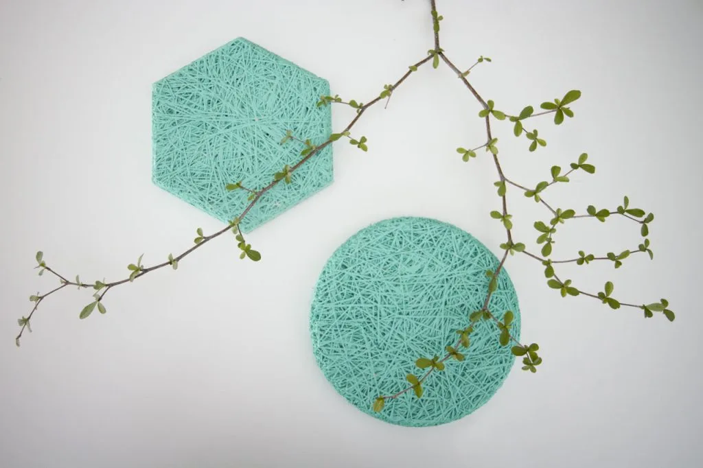 A thin, leafy branch extends diagonally over a white background, with one round and one hexagonal turquoise mat featuring a tangled, string-like texture underneath.