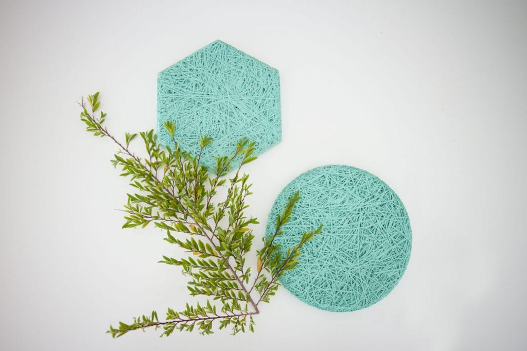 A small green branch with leaves lies across two textured, mint-green coasters—one hexagonal and one round—on a white background.