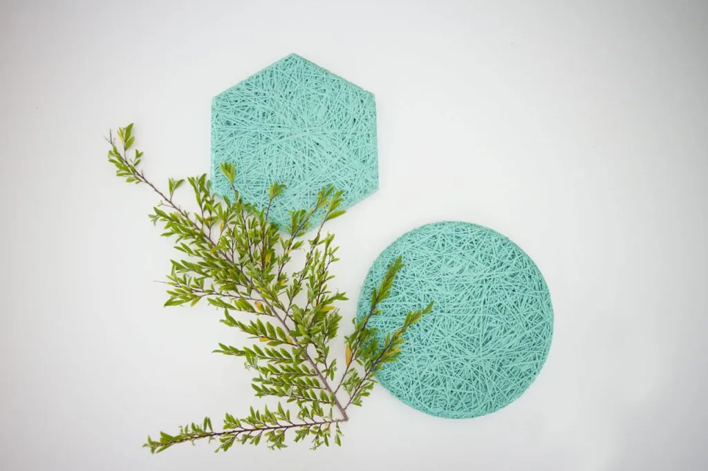 A small green branch with leaves lies across two textured, mint-green coasters—one hexagonal and one round—on a white background.
