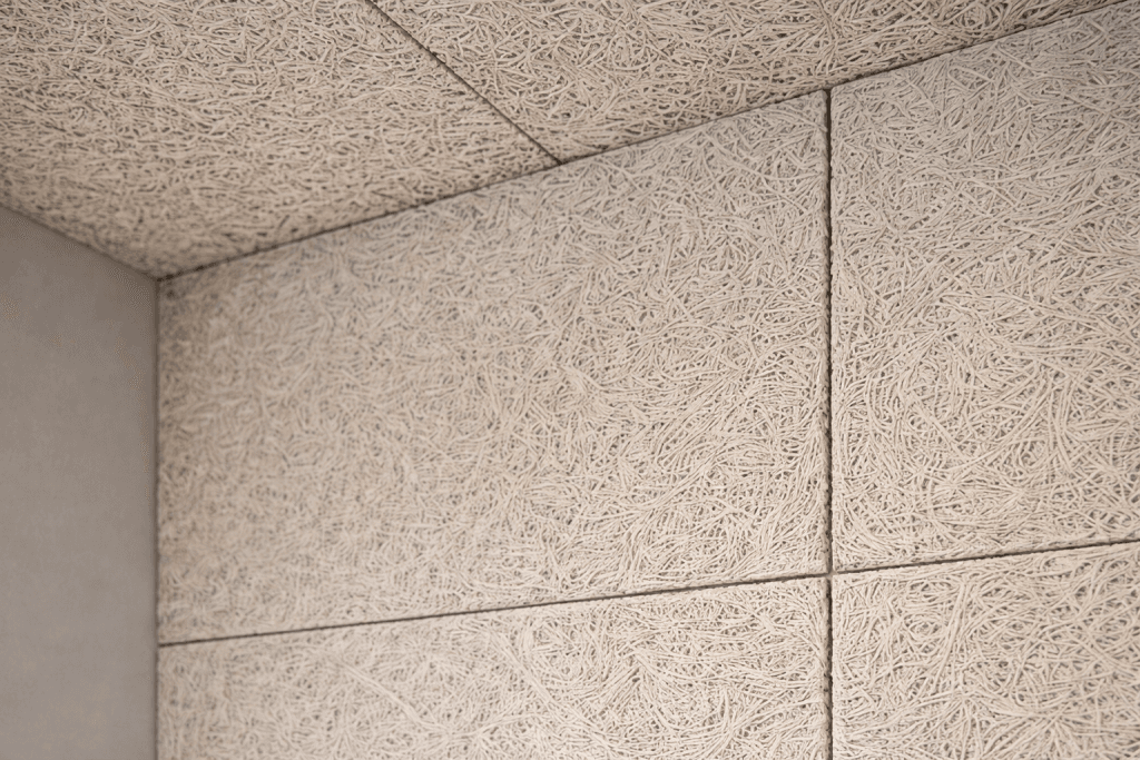 Close-up of a room corner showing beige, textured acoustic panels with a fibrous, intertwined surface pattern covering the walls and ceiling.