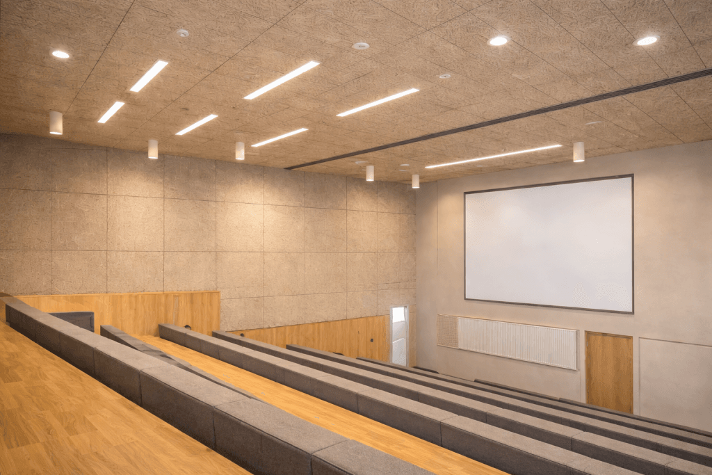 A modern lecture hall with tiered wooden seating, gray upholstered benches, beige walls, and a large blank projection screen at the front. The ceiling has built-in lights and the space is empty.