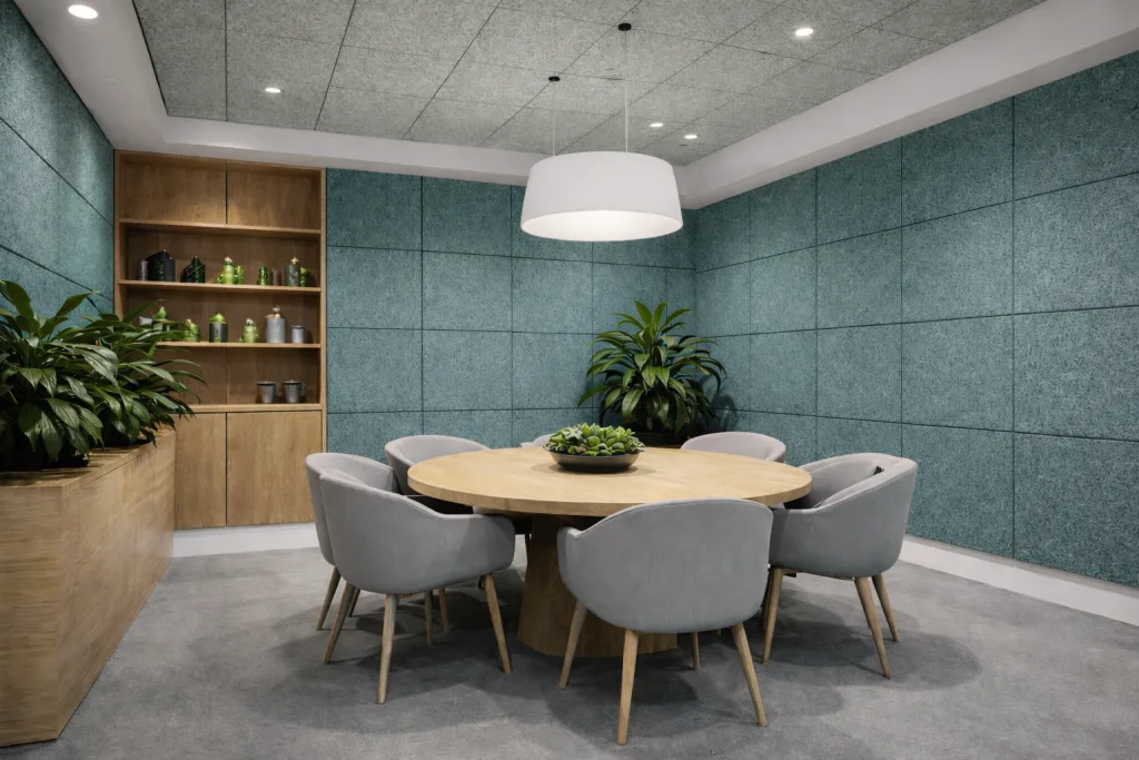 A modern meeting room with a round wooden table, six gray chairs, green indoor plants, and blue textured walls. A large white ceiling light hangs above the table, and shelves with decor are visible in the background.
