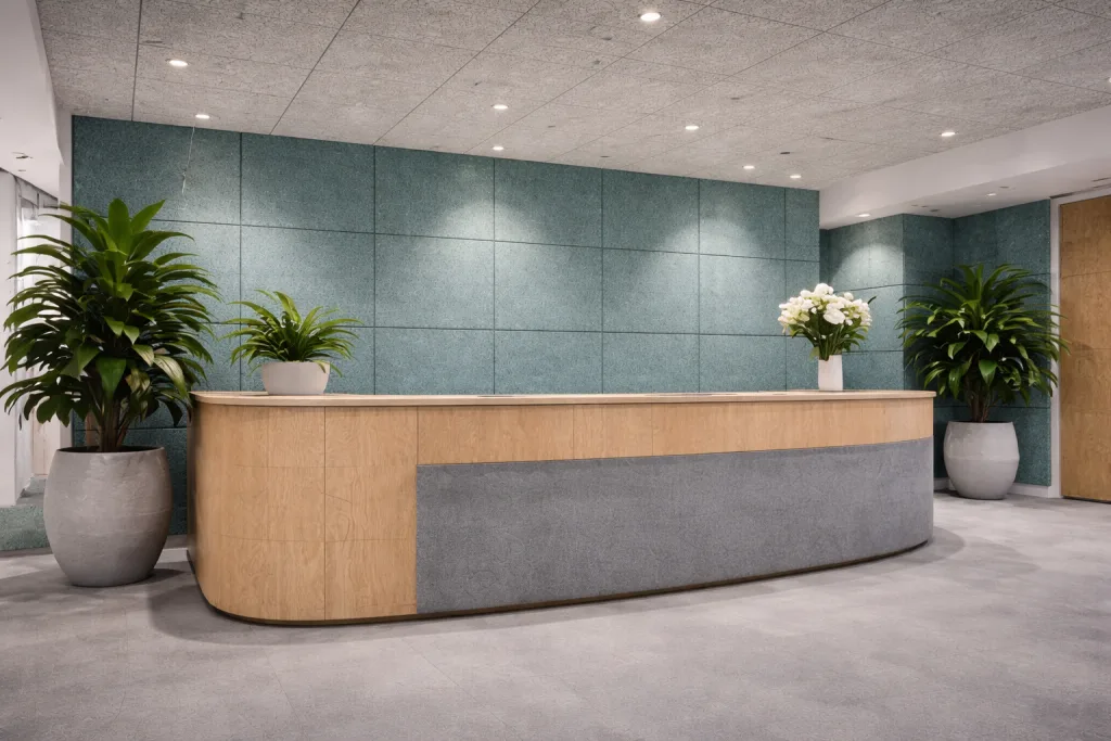 A modern office reception area with a curved wooden desk, two large potted plants on either side, a vase of white flowers on the desk, and teal wall panels behind.