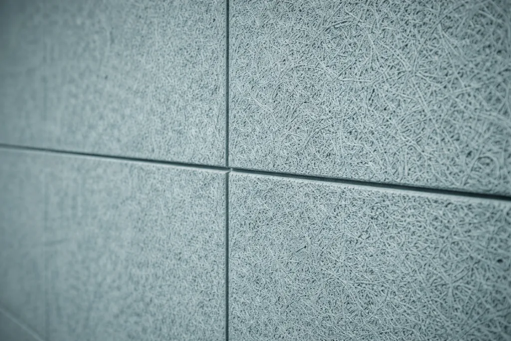Close-up view of textured, light blue-gray acoustic wall panels, showing rough, fibrous surface patterns and visible seams between individual panels.