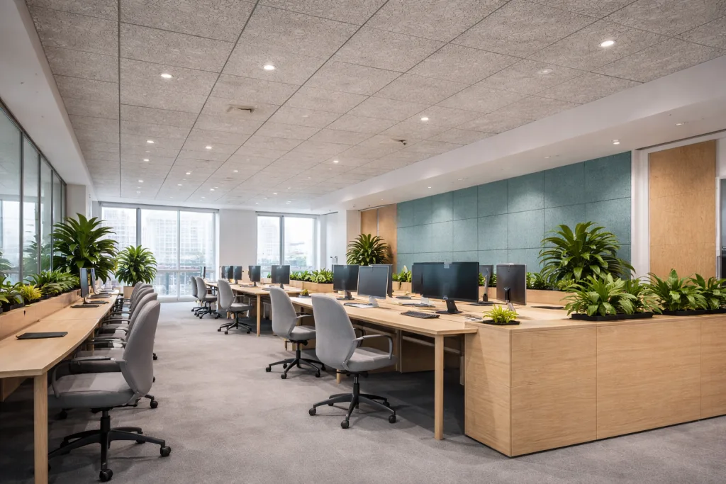 Modern open-plan office with rows of wooden desks, gray swivel chairs, computer monitors, and numerous green potted plants. Large windows provide natural light, and the space is clean, bright, and spacious.