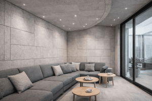 Modern lounge with gray sectional sofa, matching cushions, and two round wooden coffee tables set with cups and plates. Room features textured gray walls, recessed ceiling lights, and large glass doors overlooking a patio.