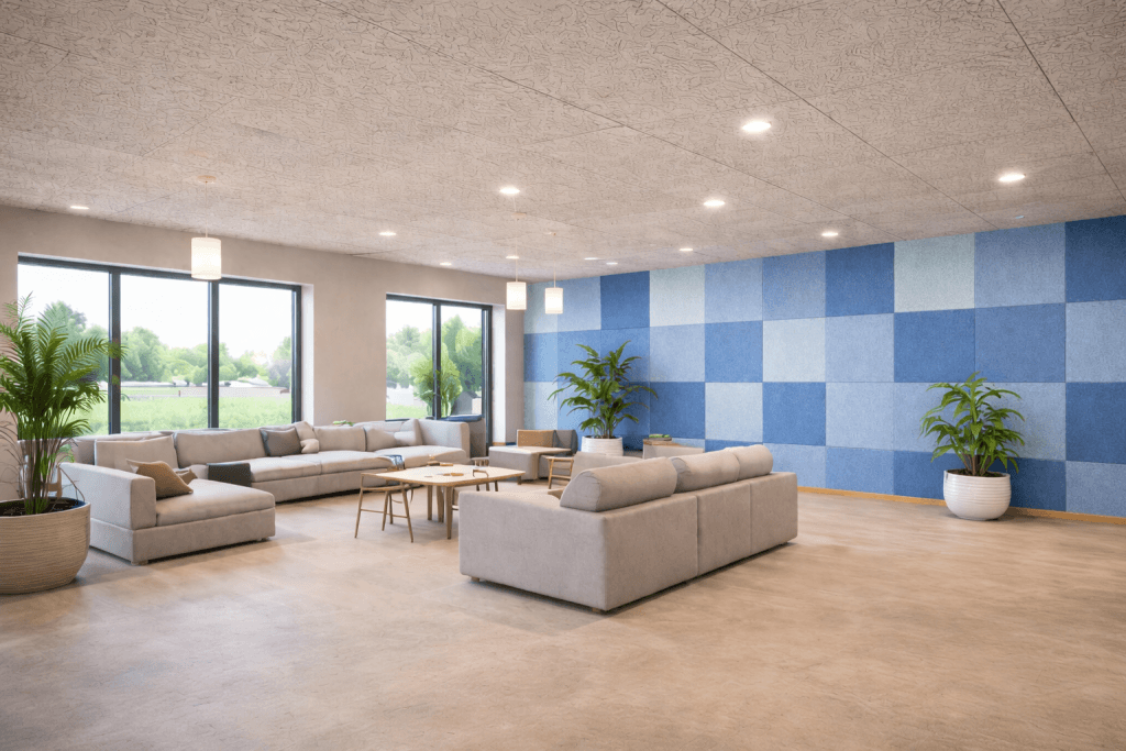 Spacious modern lounge with two beige sectional sofas, round coffee tables, large potted plants, and a blue checkered accent wall. Three large windows let in natural light and show a green outdoor landscape.