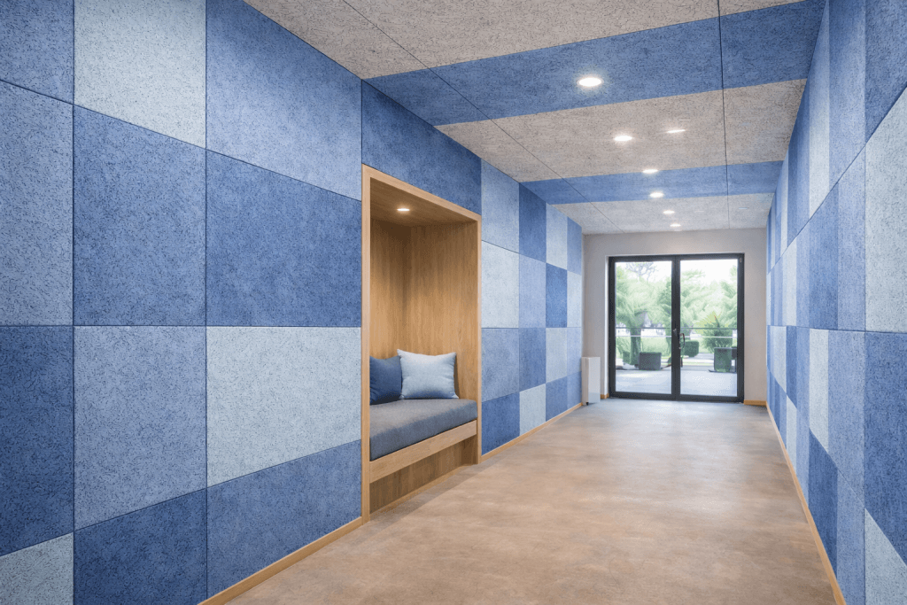 A modern hallway with blue and light blue checkered wall panels, a built-in wooden alcove seat with blue cushions, and a glass door opening to an outdoor area with palm trees.