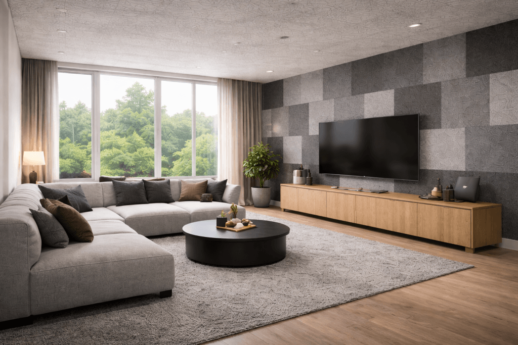 A modern living room with a large gray sectional sofa, round black coffee table, wooden media console, wall-mounted TV, potted plant, soft rug, and large window showing green trees outside.