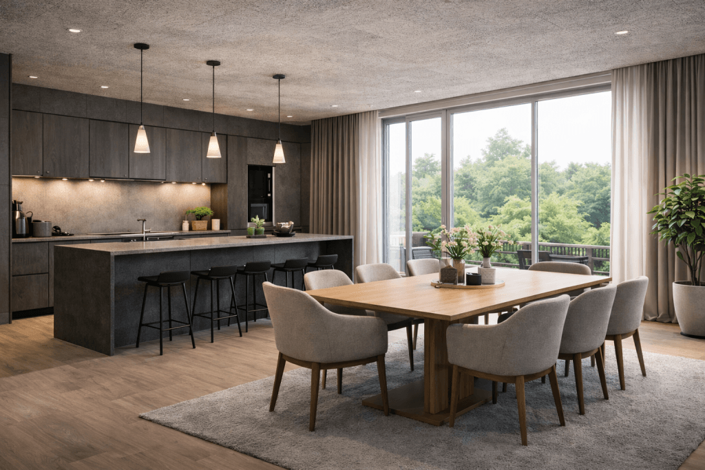 A modern open-concept kitchen and dining area with a wooden table, upholstered chairs, a kitchen island with barstools, pendant lighting, large windows, and greenery outside. The space is bright and minimalist.