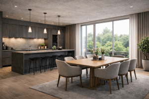 A modern open-concept kitchen and dining area with a wooden table, upholstered chairs, a kitchen island with barstools, pendant lighting, large windows, and greenery outside. The space is bright and minimalist.