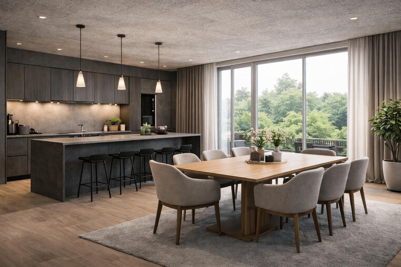 A modern open-concept kitchen and dining area with a wooden table, upholstered chairs, a kitchen island with barstools, pendant lighting, large windows, and greenery outside. The space is bright and minimalist.