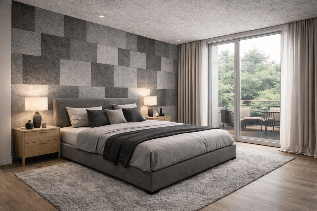 Modern bedroom with a large gray bed, matching bedding, two wooden nightstands with lamps, a geometric gray accent wall, floor-to-ceiling window with curtains, and a balcony with outdoor furniture and green trees outside.