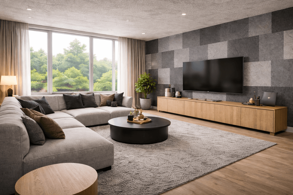 A modern living room with a large gray sectional sofa, a round black coffee table, wooden media console with a TV, a potted plant, large rug, and a big window showing green trees outside.
