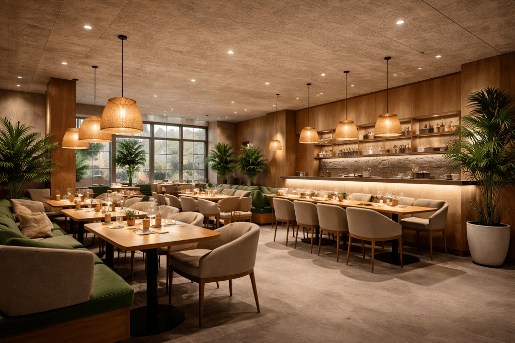 A modern, cozy restaurant interior with wooden tables, beige chairs, green cushioned benches, hanging woven pendant lights, potted plants, and a wall of shelves behind the bar. Large windows let in natural light.