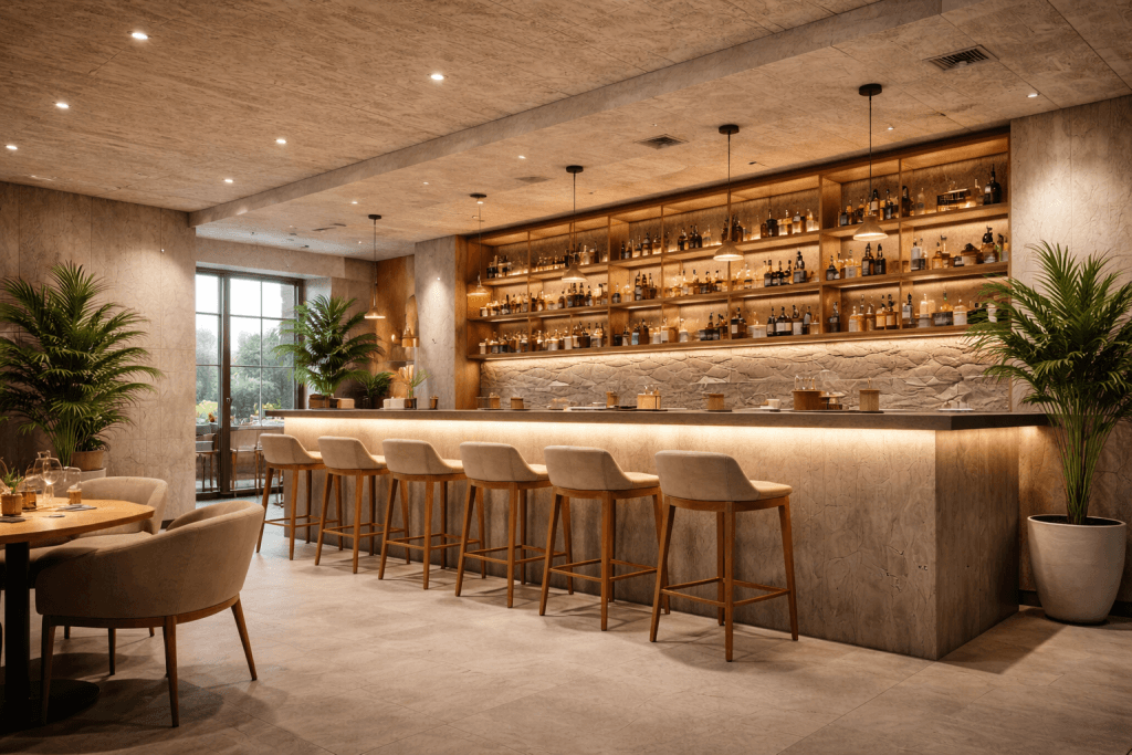 A modern, upscale bar with a stone counter, wooden barstools, backlit shelves filled with bottles, potted plants on each side, and soft ambient lighting. A window provides natural light in the background.
