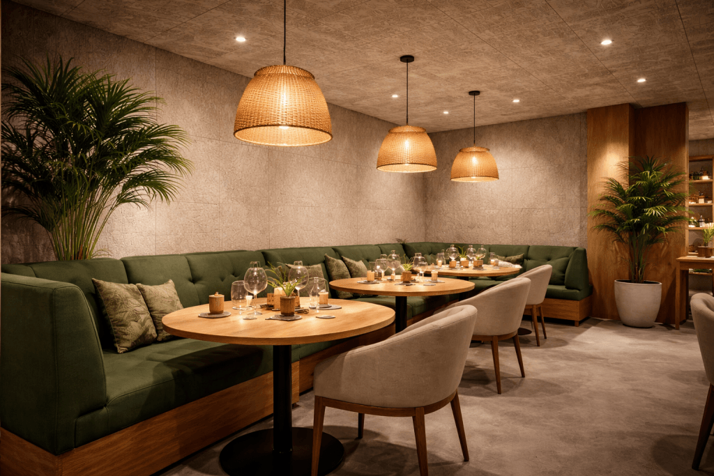 A cozy restaurant interior with green cushioned booth seating, round wooden tables set with glassware, beige chairs, wicker pendant lights, potted plants, and soft ambient lighting.