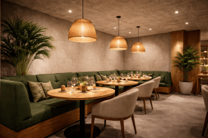A cozy restaurant interior with green cushioned booth seating, round wooden tables set with glassware, beige chairs, wicker pendant lights, potted plants, and soft ambient lighting.