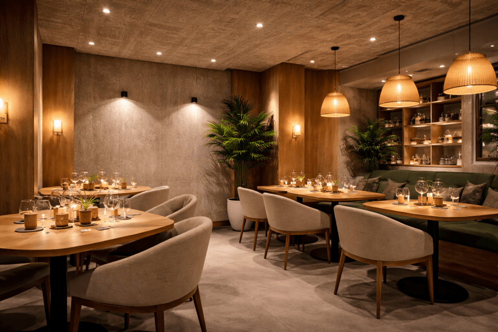 A cozy, modern restaurant with wooden tables, cushioned chairs, warm lighting from pendant lamps, potted plants, and shelves with decorative bottles, creating an inviting and intimate dining atmosphere.