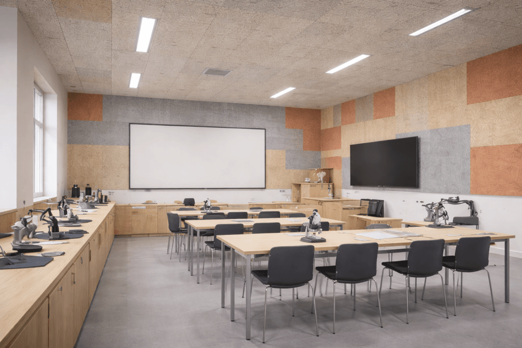 A modern classroom with wooden tables and black chairs arranged in groups. Microscopes are set on some tables. The room has a large whiteboard, a flat-screen monitor, and light-colored geometric wall panels.