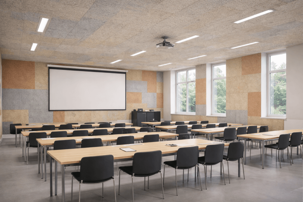 A modern, empty classroom with wooden desks, black chairs, large windows, a projector, a projection screen, and a teacher’s podium at the front. The walls are decorated with colorful acoustic panels.