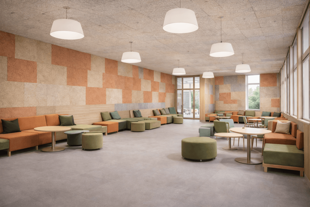A spacious, modern lounge with modular seating, small round tables, green and orange cushions, geometric wall panels, pendant lights, and large windows letting in natural light.